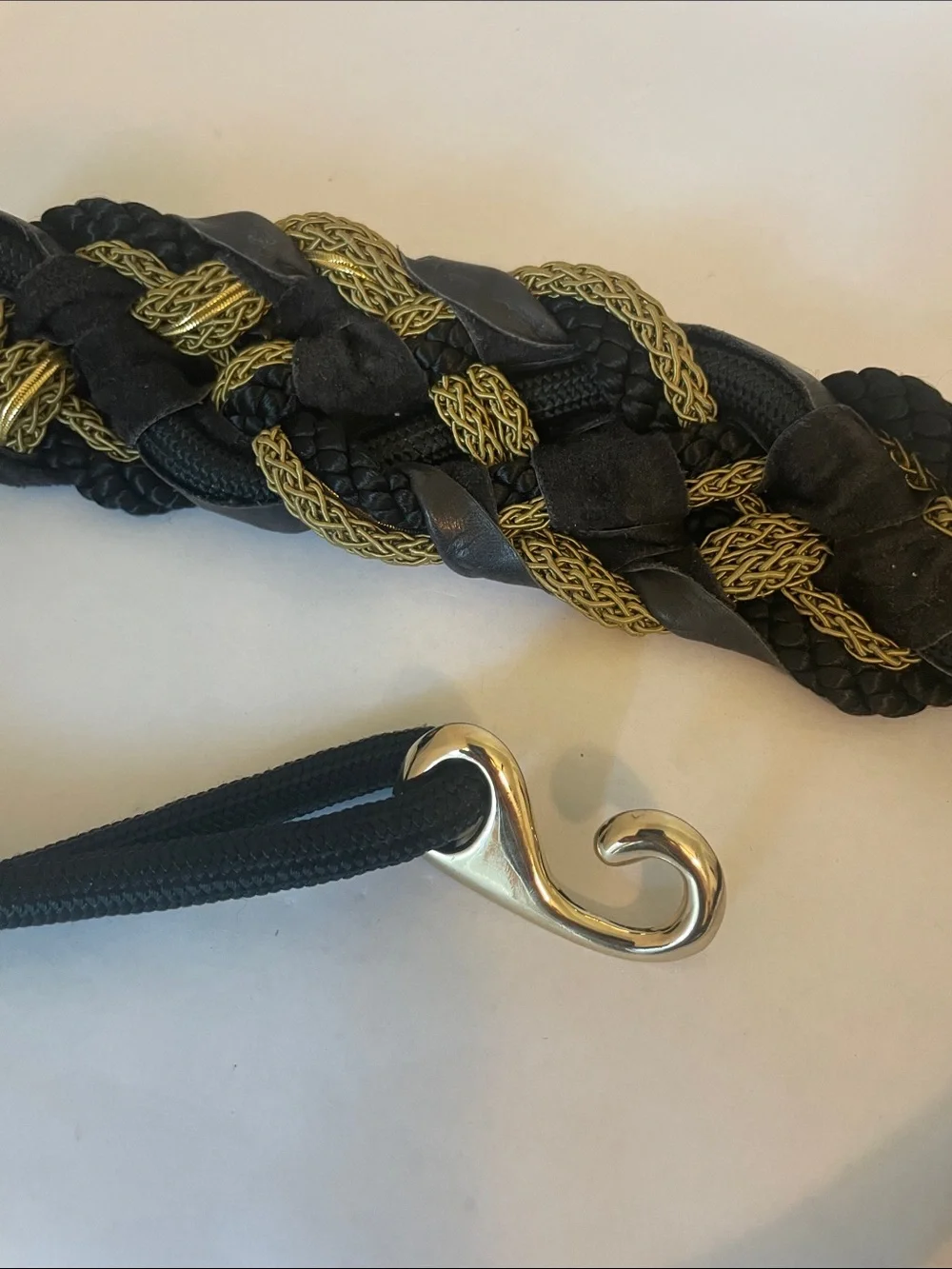 Vintage 80s Braided Belt Woven Leather Cord Metallic Stretch black Gold